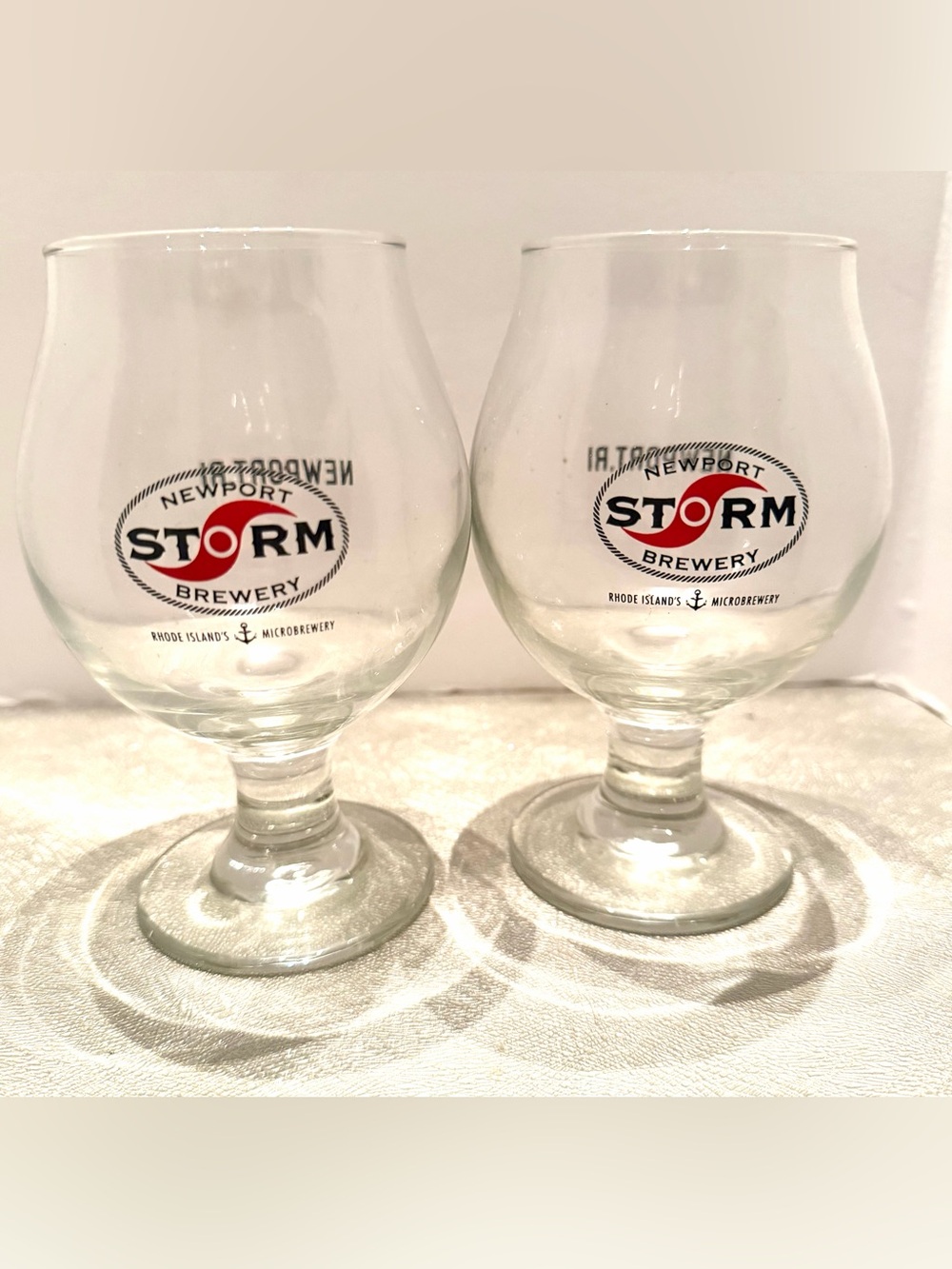 Newport Storm Brewery Branded Goblet Glasses with Red & Black Logo